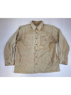 Carhartt Men XL Canvas Chore Shirt Jacket Tan Fleece Lined Distressed